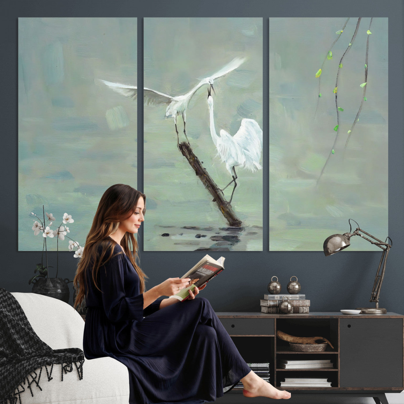 91124838-MGV-CV-36X24 - Two White Egrets on Marsh Branch Wall Art Canvas Print - Vintage Style Coastal Bird Poster