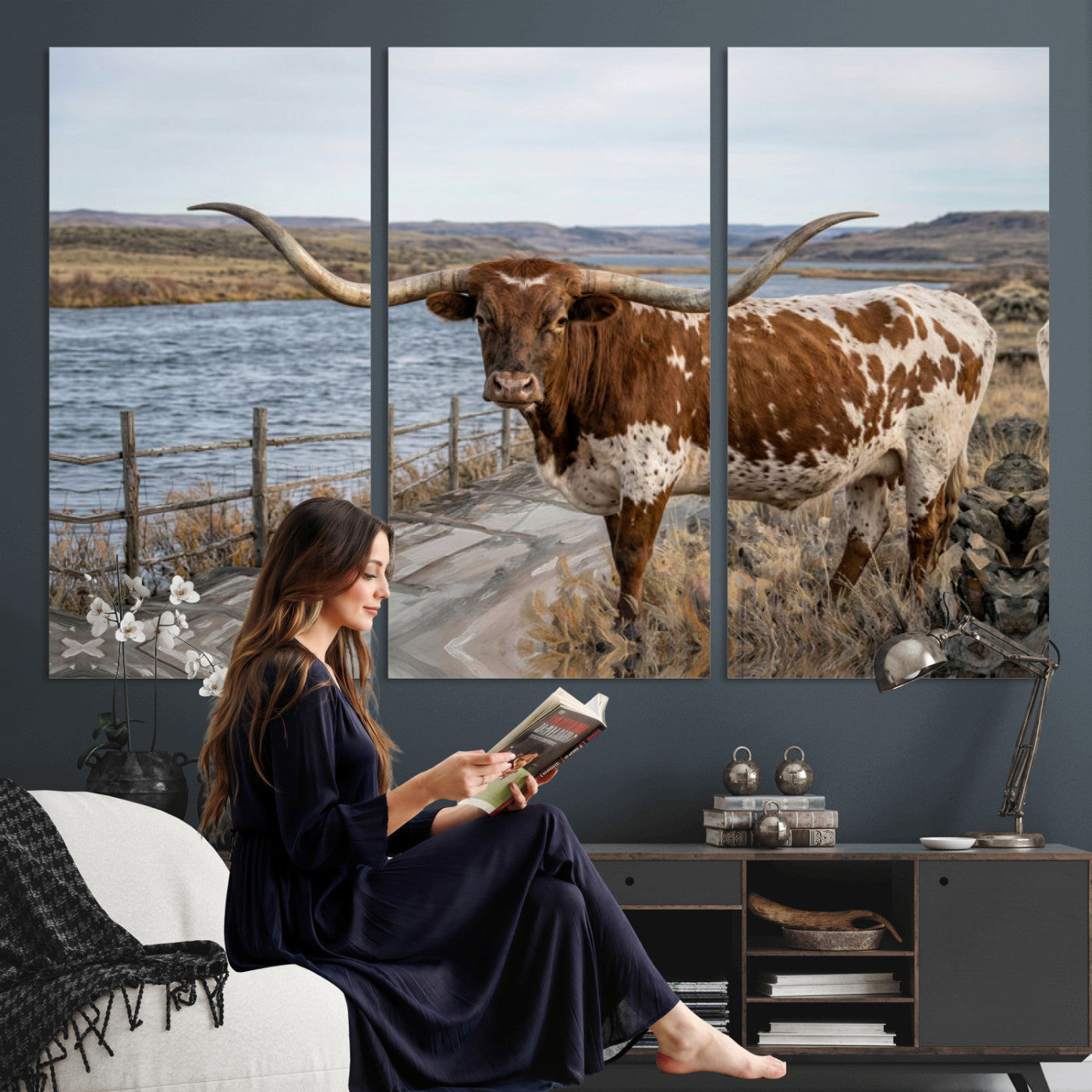 91575949-MGV-CV-36X24 - Texas Longhorn Cattle in Desert Pasture Wall Art Canvas Print - Rustic Western Decor