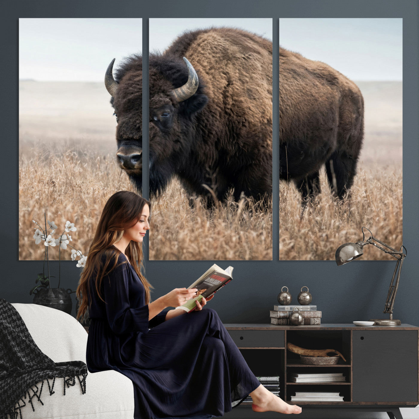 81029583-MGV-CV-36X24 - American Bison in Prairie Field Wall Art Canvas Print - Rustic Wildlife Photography
