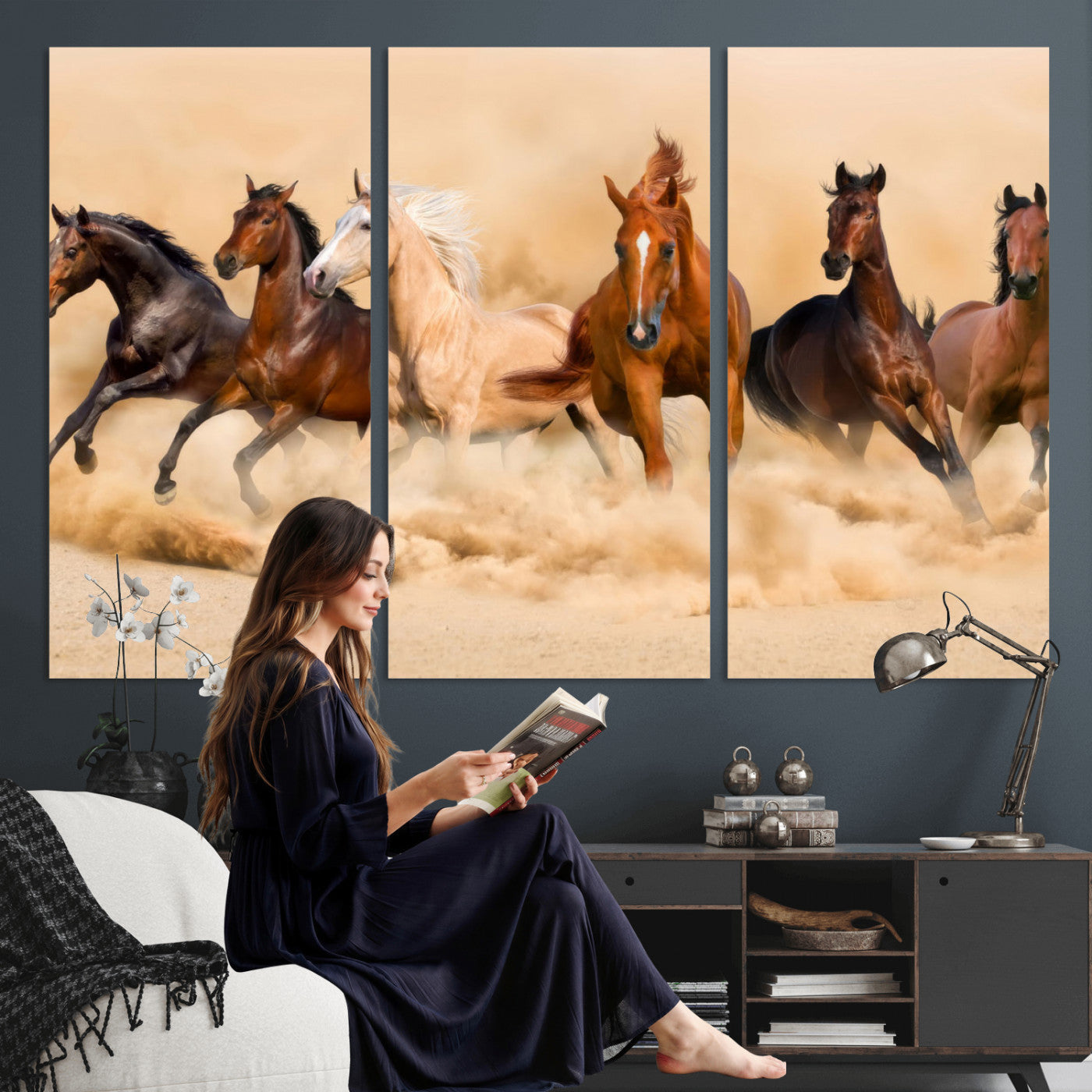 90610949-MGV-CV-36X24 - Herd of Six Wild Horses Galloping in Dust Storm Wall Art Canvas Print - Majestic Wildlife Decor
