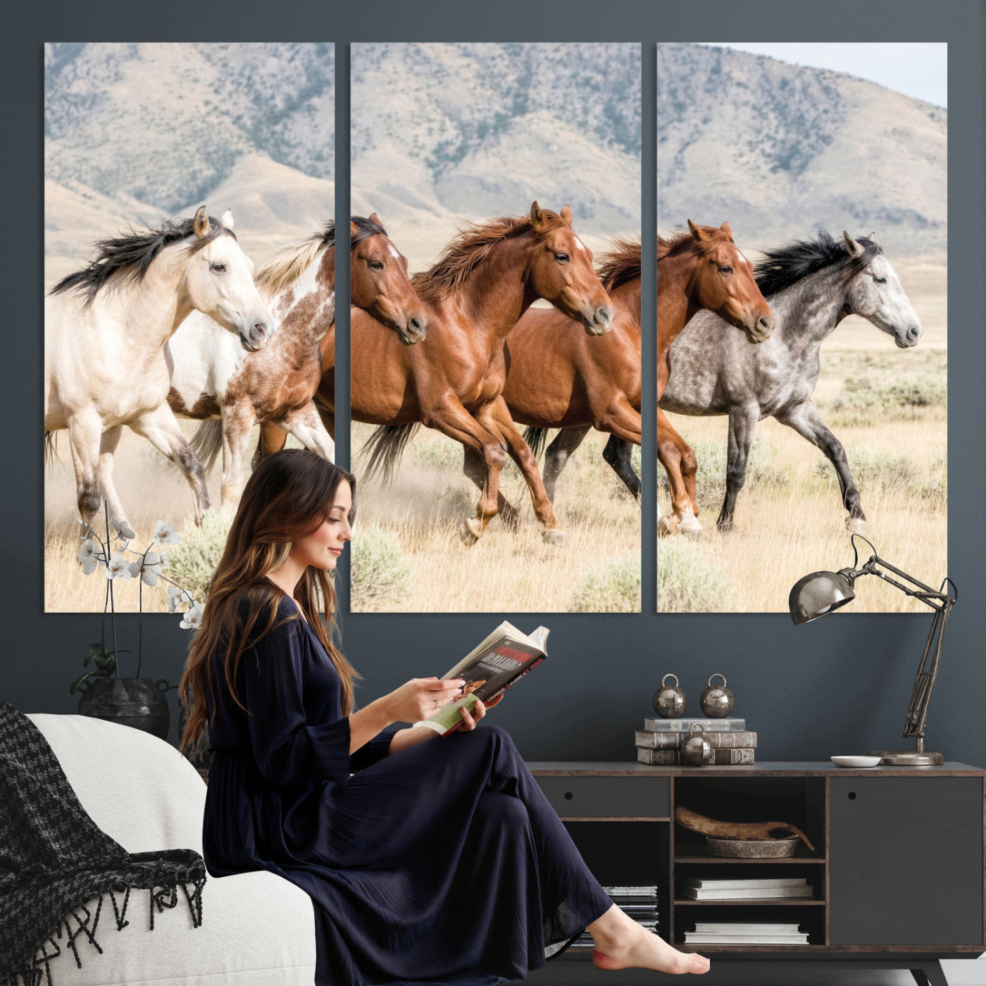68345893-MGV-CV-36X24 - Five Mustangs Running Wild in Mountain Valley Wall Art Canvas Print - Rustic Western Decor