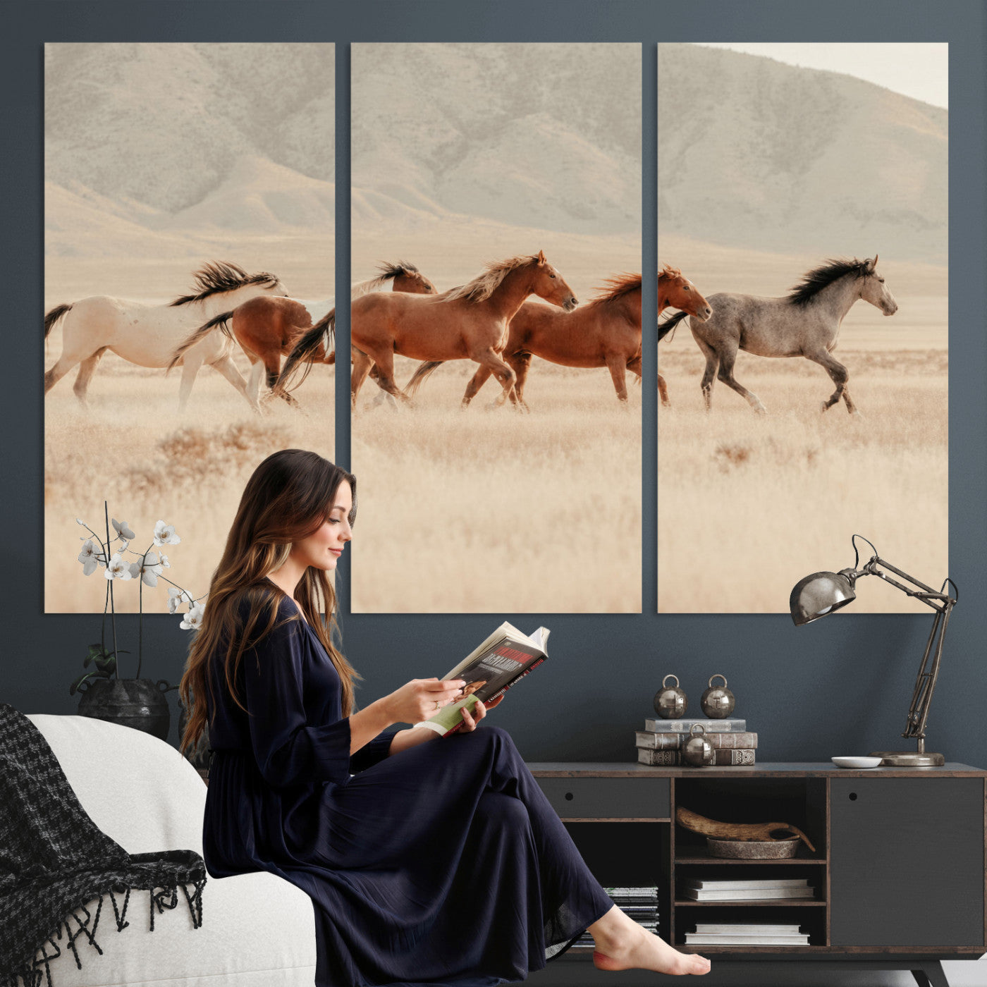 43348446-MGV-CV-36X24 - Herd of Wild Horses Running in Desert Mountain Wall Art Canvas Print - Boho Western Landscape