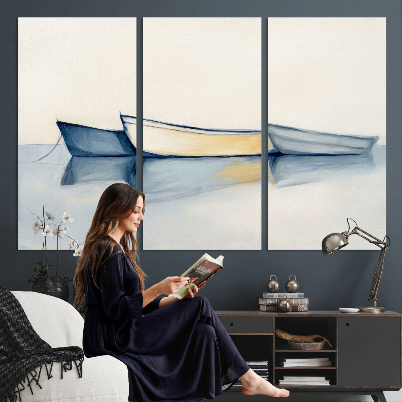 84017361-MGV-CV-36X24 - Abstract Three Boats Reflecting on Water Wall Art Canvas Print - Minimalist Coastal Seascape