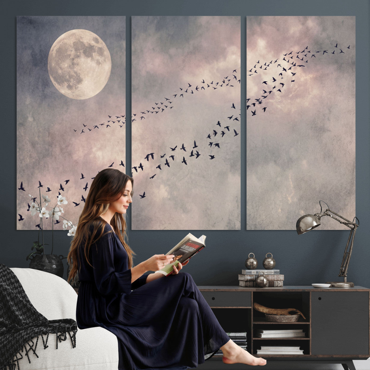 52339590-MGV-CV-36X24 - Birds Flying to Moon Wall Art Canvas Print - Vintage Surreal Night Sky Sky Print