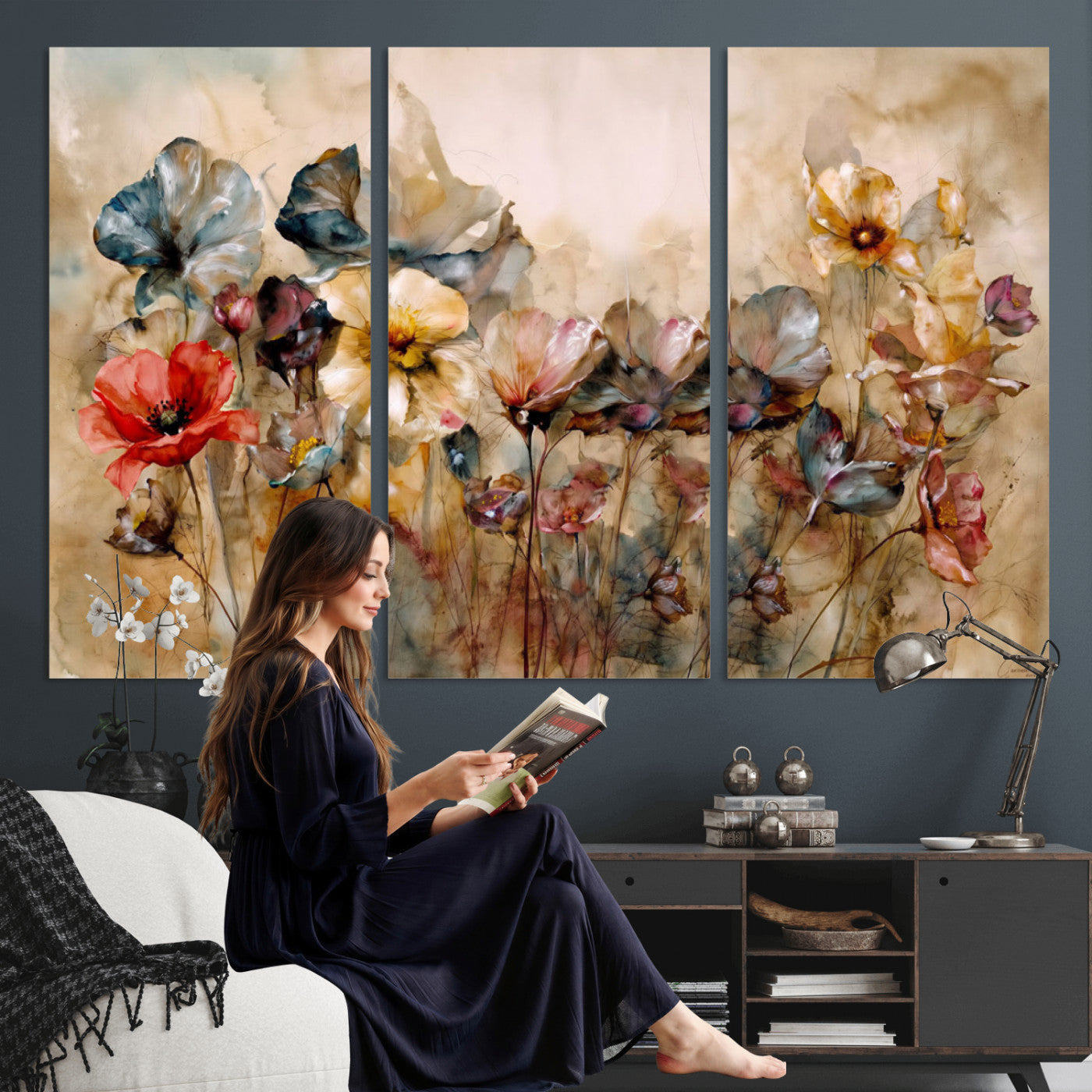 11407233-MGV-CV-36X24 - Vintage Dried Floral Meadow Wall Art Canvas Print, Translucent Watercolor Flowers Painting Print