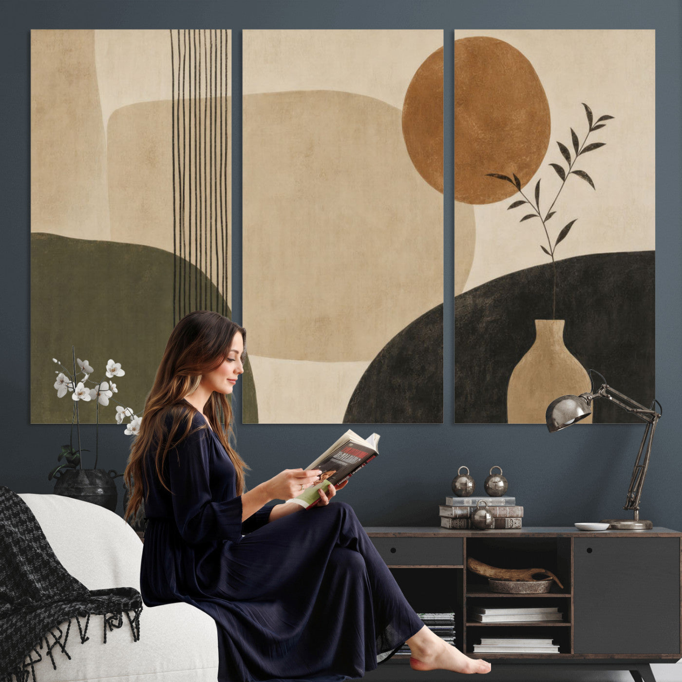 29113684-MGV-CV-36X24 - Japandi Minimalist Abstract Wall Art Canvas Print, Sage Green and Terracotta Sun Botanical Painting Print