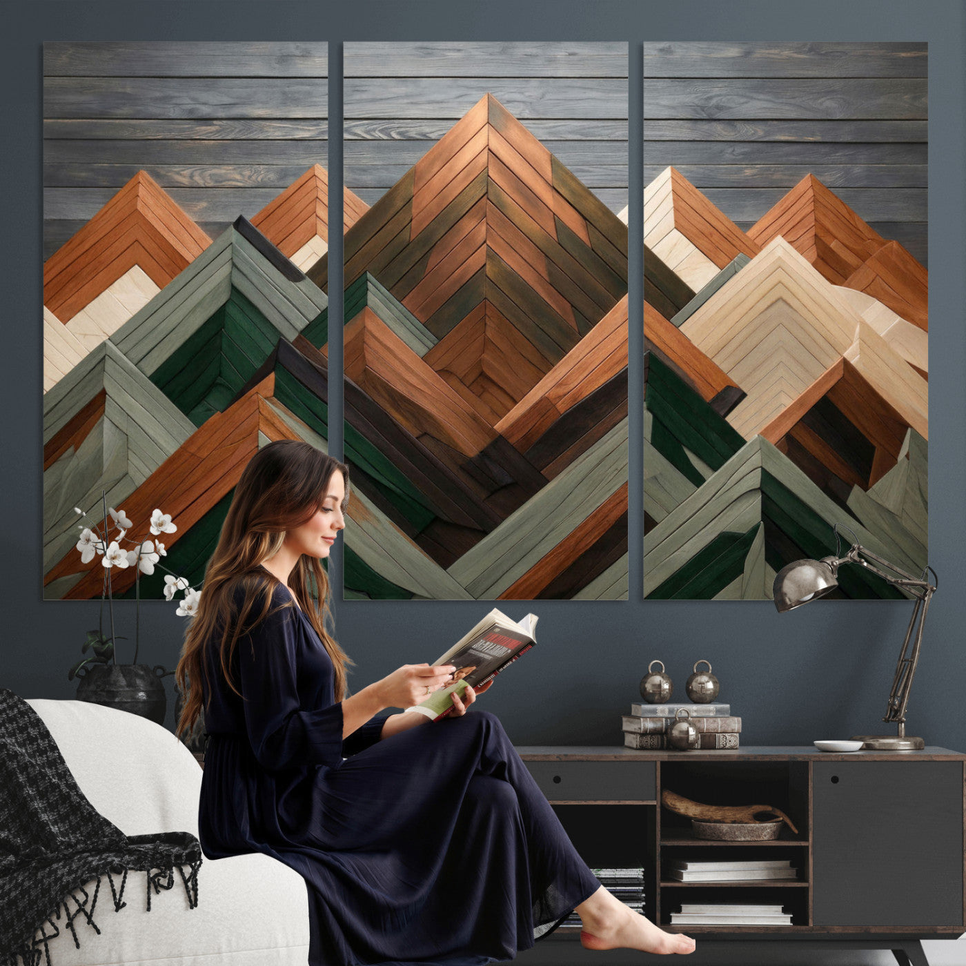84617347-MGV-CV-36X24 - Geometric Wood Mountain Wall Art Canvas Print, 3D Look Rustic Mosaic Landscape Print