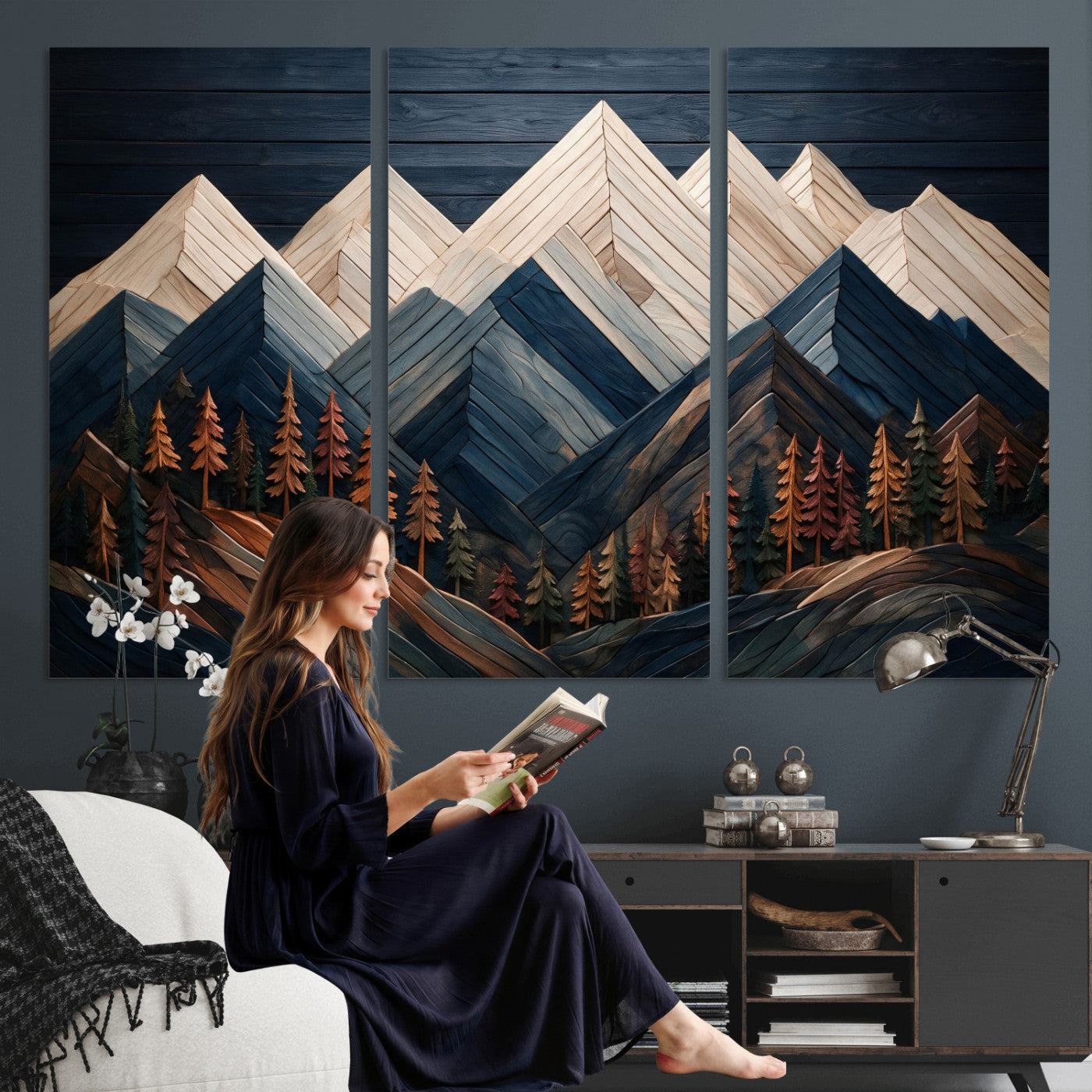 87765072-MGV-CV-36X24 - Geometric Wood Mountain Wall Art Canvas Print, 3D Look Rustic Mosaic Landscape Print