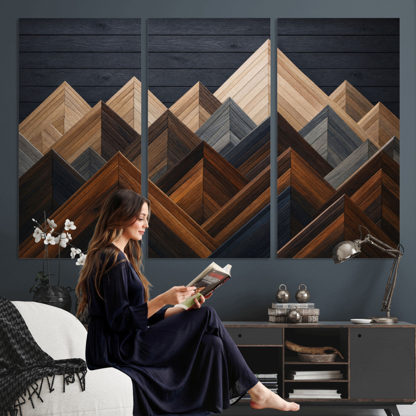 70531117-MGV-CV-36X24 - Geometric Wood Mountain Wall Art Canvas Print, 3D Look Rustic Mosaic Landscape Print