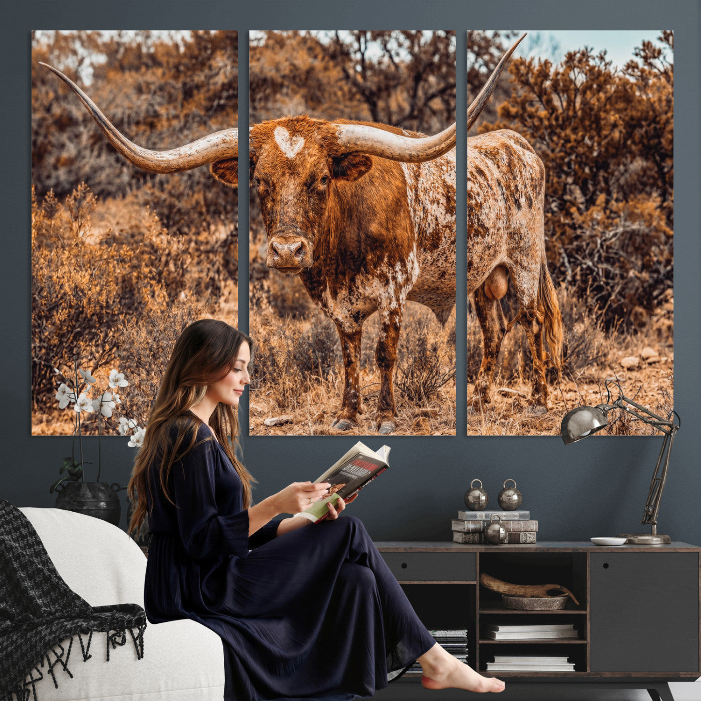 62076449-MGV-CV-36X24 - Texas Cow Bull Longhorn Print for Western Wall Art Decor for Farmhouse