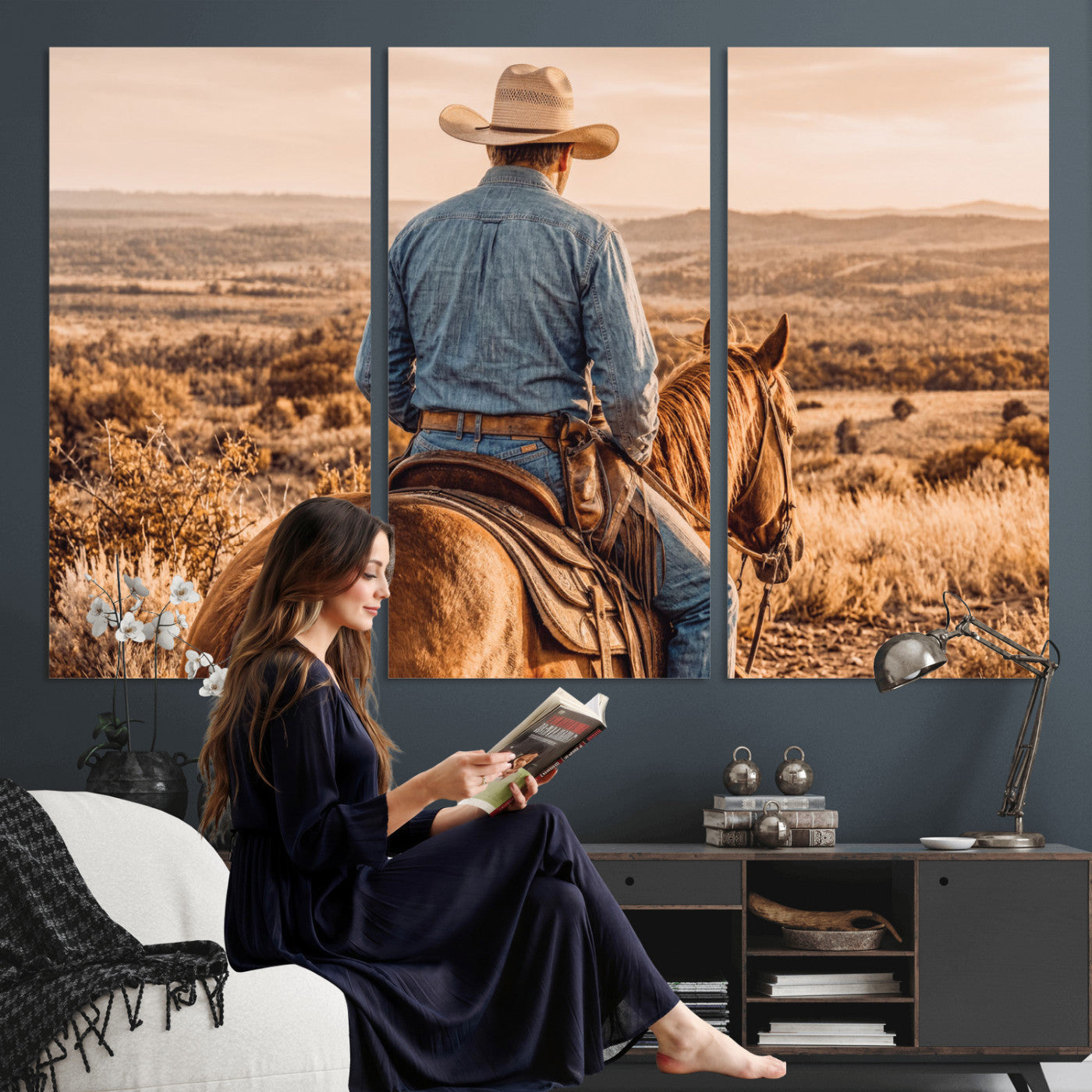62076449-MGV-CV-36X24 - Texas Cowboy and Horse Print for Western Wall Art Decor for Farmhouse