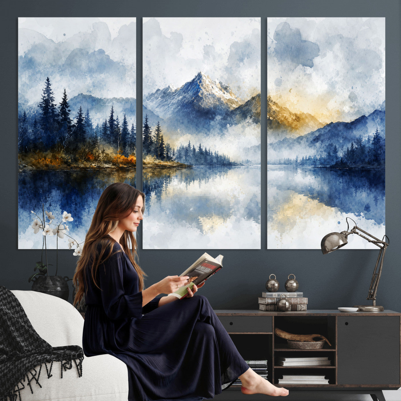 62076449DG-MGV-CV-36X24 - Abstract Watercolor Mountain Lake Wall Art Print for Living Room Decor