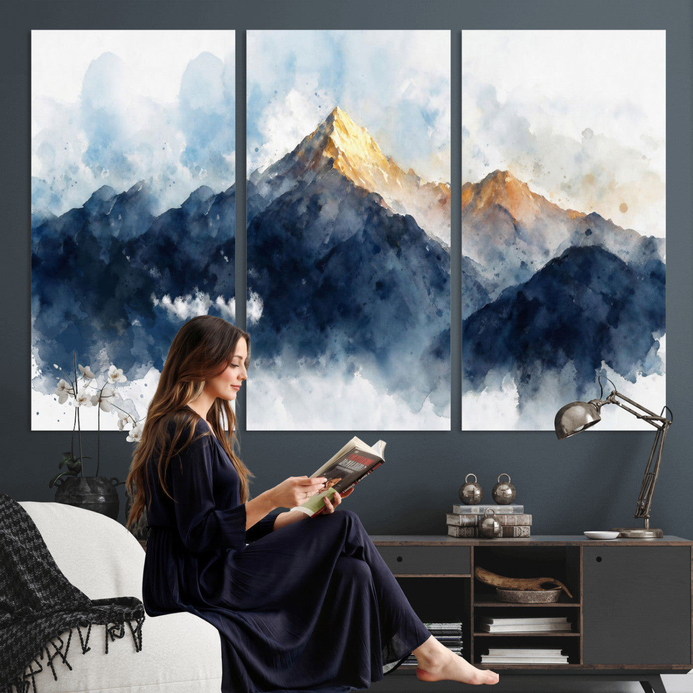 62076449DG1-MGV-CV-36X24 - Abstract Watercolor Mountain Lake Wall Art Print for Living Room Decor