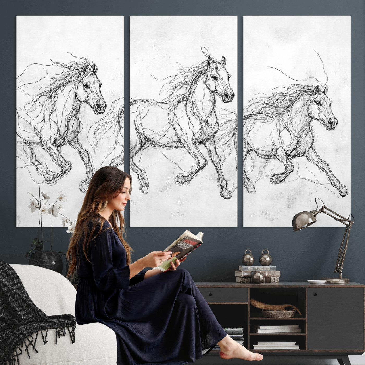 53600119-MGV-CV-36X24 - Monochrome Horse Canvas Wall Art, Black Ink Sketch Wild Horses Print, Minimalist Equestrian Artwork, Modern Abstract Line Decor, Urban Loft Gift