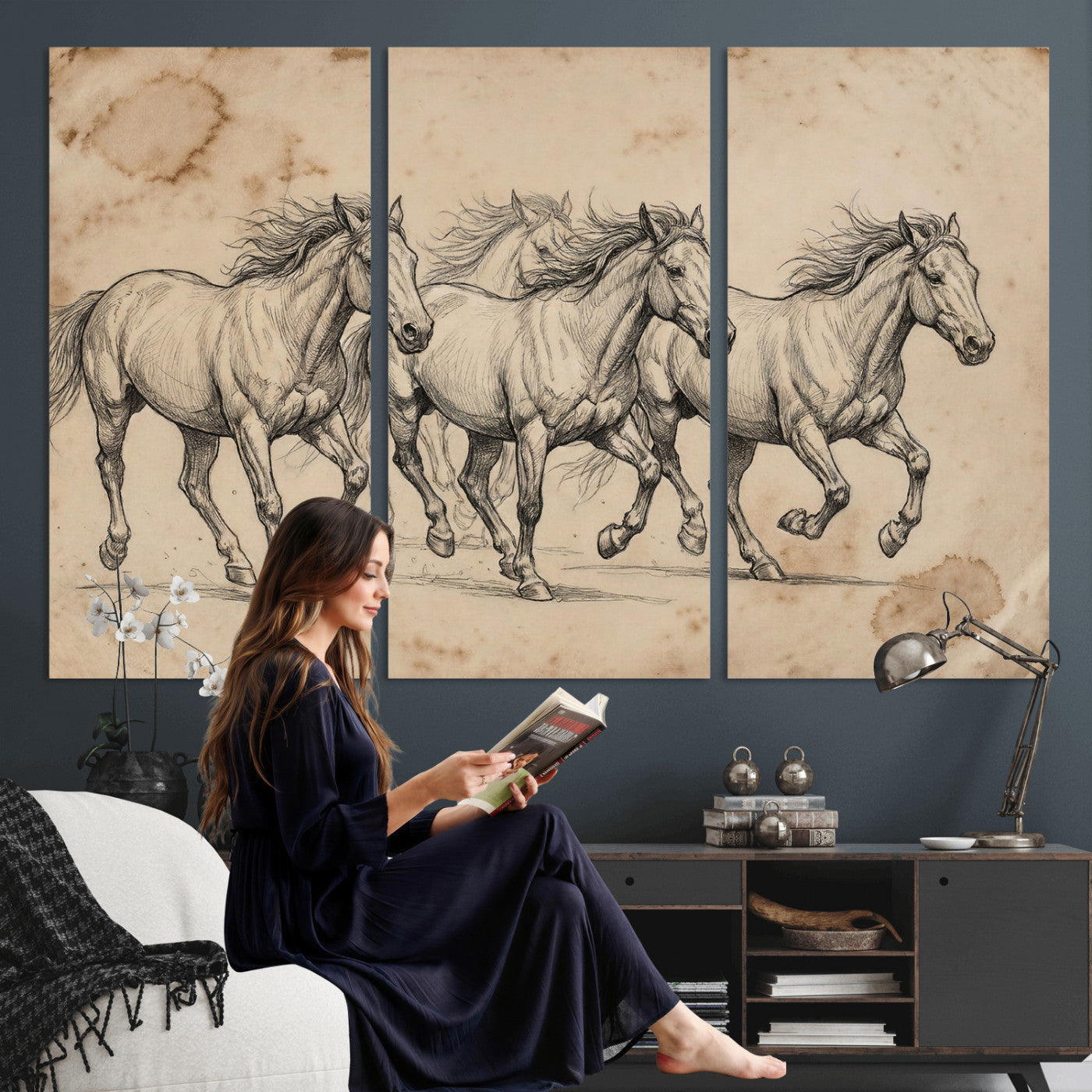 56046981-MGV-CV-36X24 - Sepia Wild Horses Canvas Art, Antique Pencil Drawing Print, Vintage Gallery Wall Decor, Rustic Equestrian Artwork, Traditional Den Gift