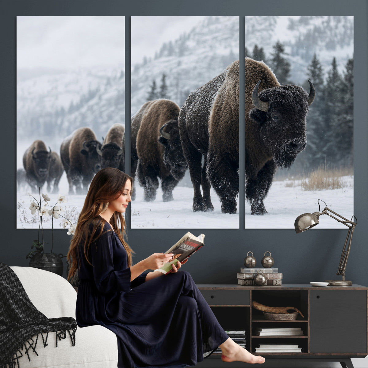 18343289-MGV-CV-36X24 - Rustic Bison Wall Art, American Buffalo Photo Print, Wildlife Canvas Artwork, Snowy Mountain Decor, Large Nature Poster, Cabin Gift Idea