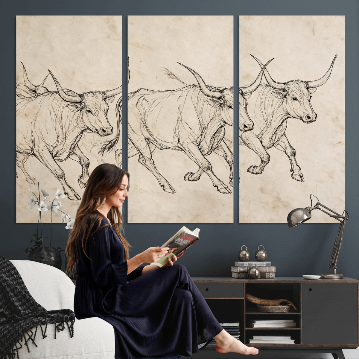 87177621-MGV-CV-36X24 - Minimalist Longhorn Line Art, Modern Texas Bull Canvas Print, Abstract Western Wall Decor, Continuous Line Artwork, Black White Ranch Gift