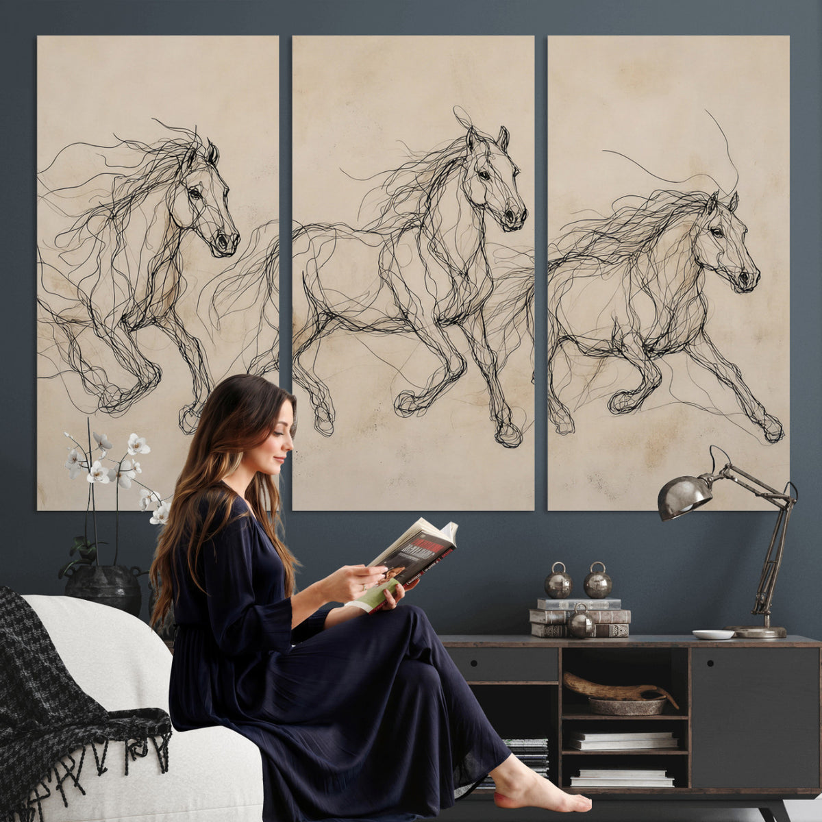 81051673-MGV-CV-36X24 - Abstract Horse Line Art Canvas, Gesture Sketch Wild Horses Print, Modern Scribble Artwork, Minimalist Equine Wall Decor, Rustic Studio Gift