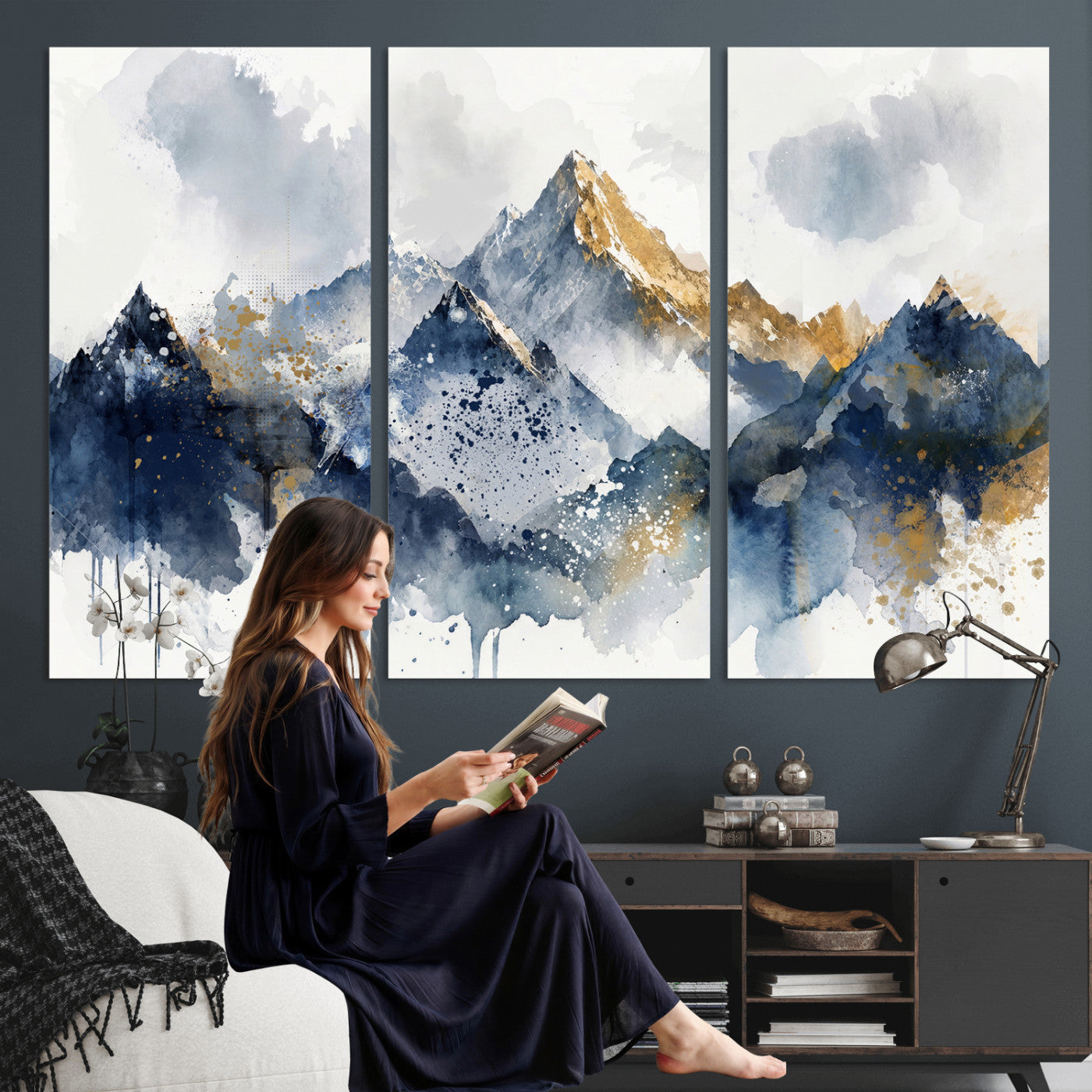 87460616-MGV-CV-36X24 - Abstract Mountain Canvas Wall Art, Blue Gold Foil Landscape Print, Modern Indigo Watercolor Poster, Large Abstract Nature, Luxury Office Gift