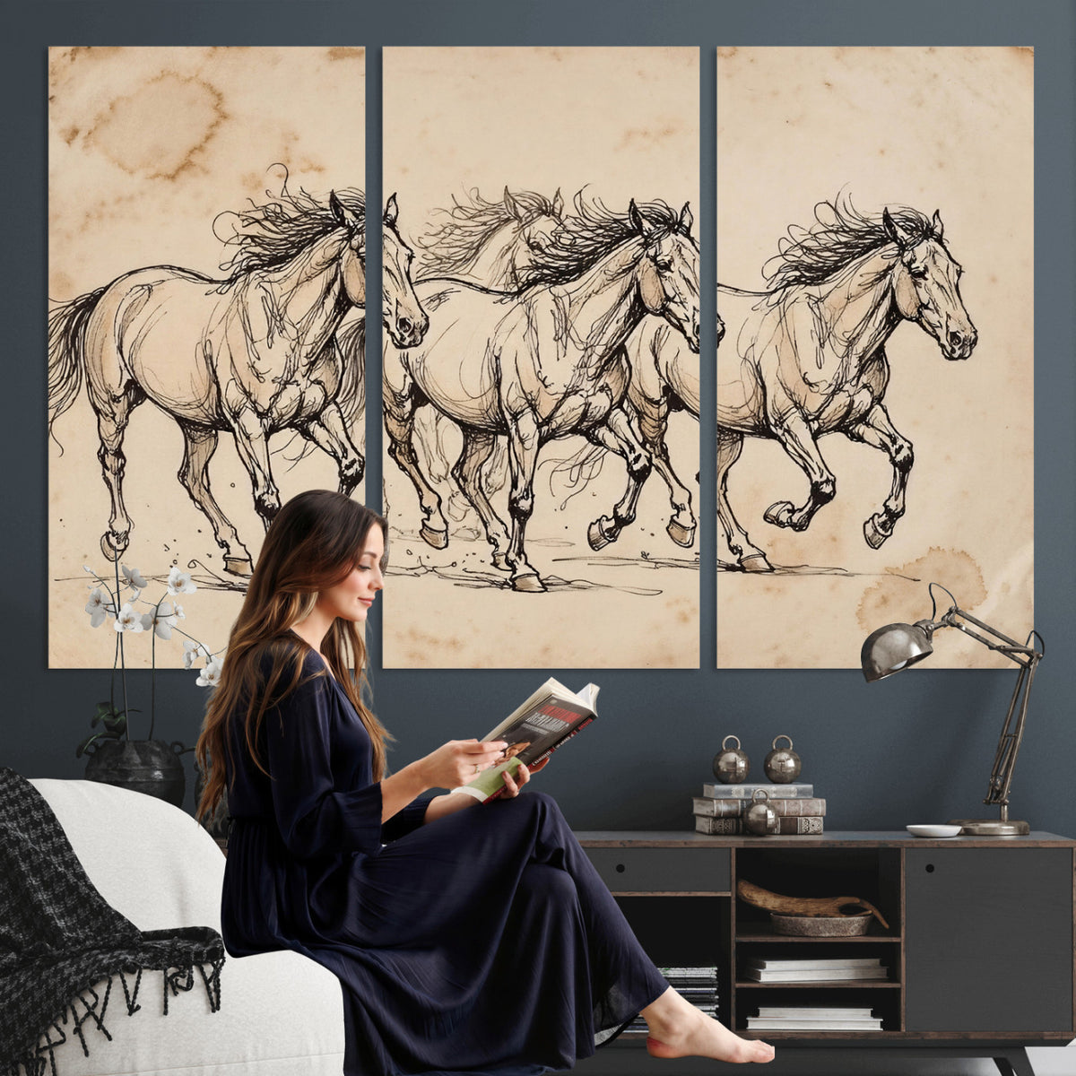18242163-MGV-CV-36X24 - Vintage Horse Sketch Canvas Wall Art, Wild Horses Pencil Drawing Print, Antique Parchment Western Decor, Equine Sketching, Country Manor Gift