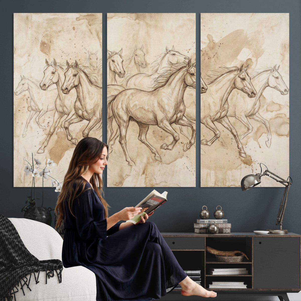 52233469-MGV-CV-36X24 - Vintage Horse Sketch Canvas Wall Art, Wild Horses Pencil Drawing Print, Antique Parchment Western Decor, Equine Sketching, Country Manor Gift