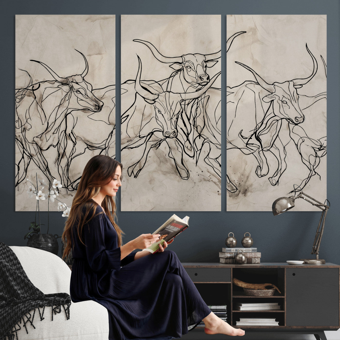 16671245-MGV-CV-36X24 - Minimalist Longhorn Line Art, Modern Texas Bull Canvas Print, Abstract Western Wall Decor, Continuous Line Artwork, Black White Ranch Gift