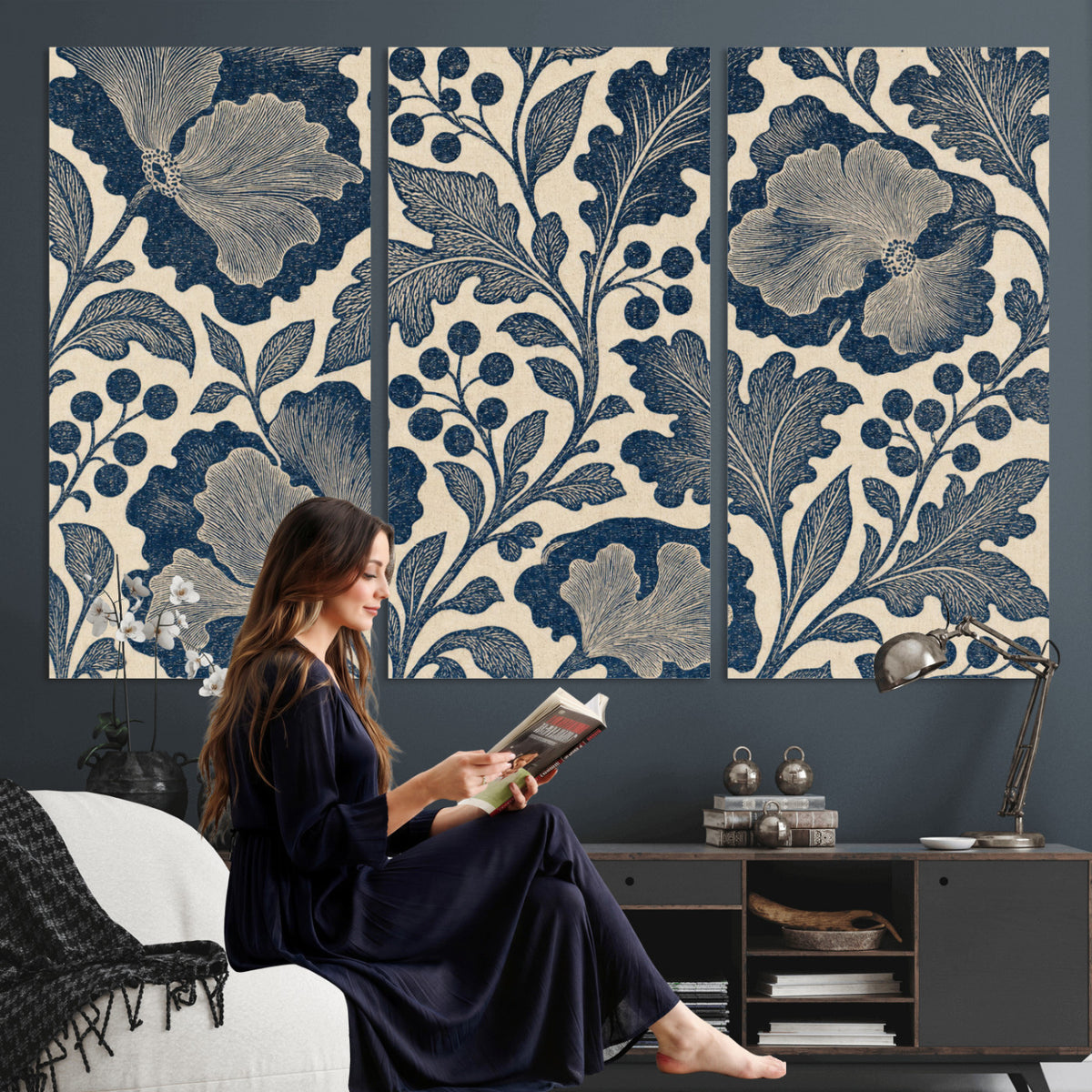 23824002-MGV-CV-36X24 - William Morris Style Navy Blue Floral Wall Art Canvas Print, Vintage Cream Botanical Painting Print