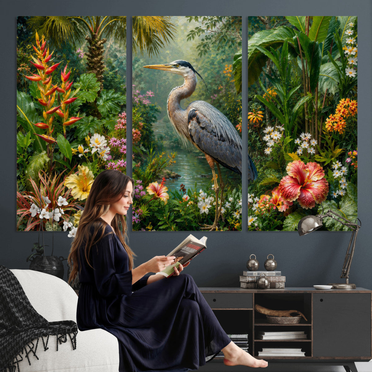81059387-MGV-CV-36X24 - Great Blue Heron Tropical Jungle Wall Art Canvas Print, Exotic Botanical Garden Painting Print