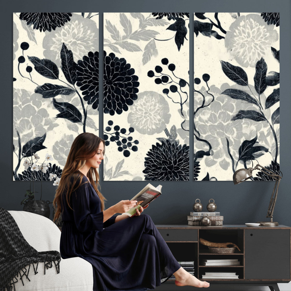 61524791-MGV-CV-36X24 - Vintage Black Chrysanthemum Wall Art Canvas Print, Monochrome Dhalia Floral Painting Print