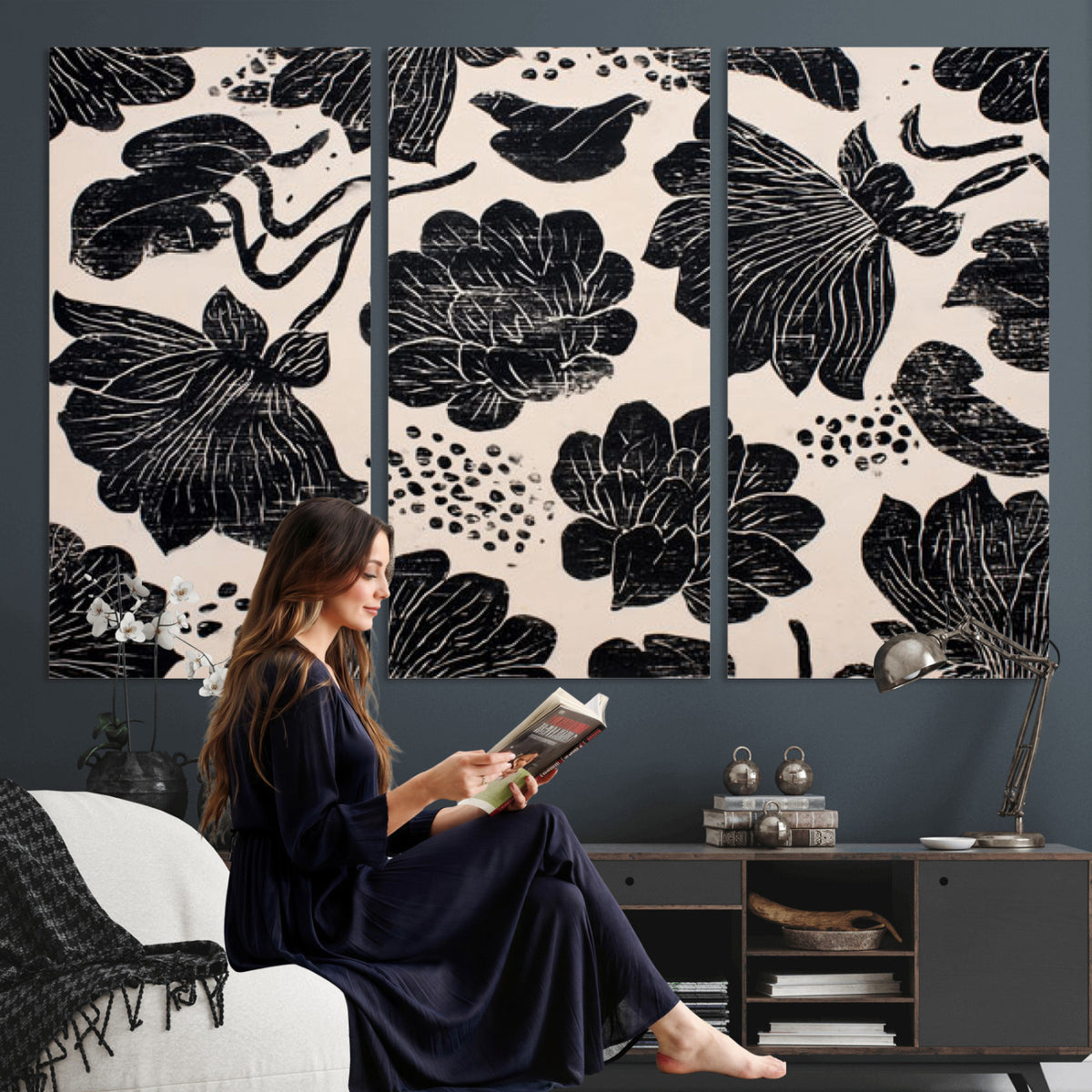 81787117-MGV-CV-36X24 - Linocut Black Lotus Floral Wall Art Canvas Print, Vintage Monochrome Botanical Painting Print