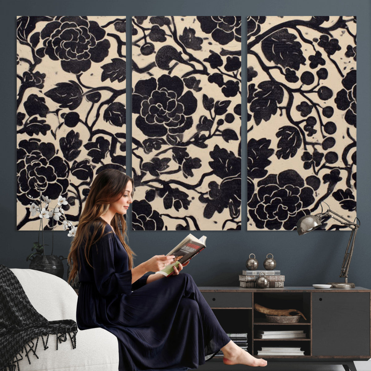 86696255-MGV-CV-36X24 - Vintage Black and Cream Floral Wall Art Canvas Print, Chinoiserie Botanical Painting Print