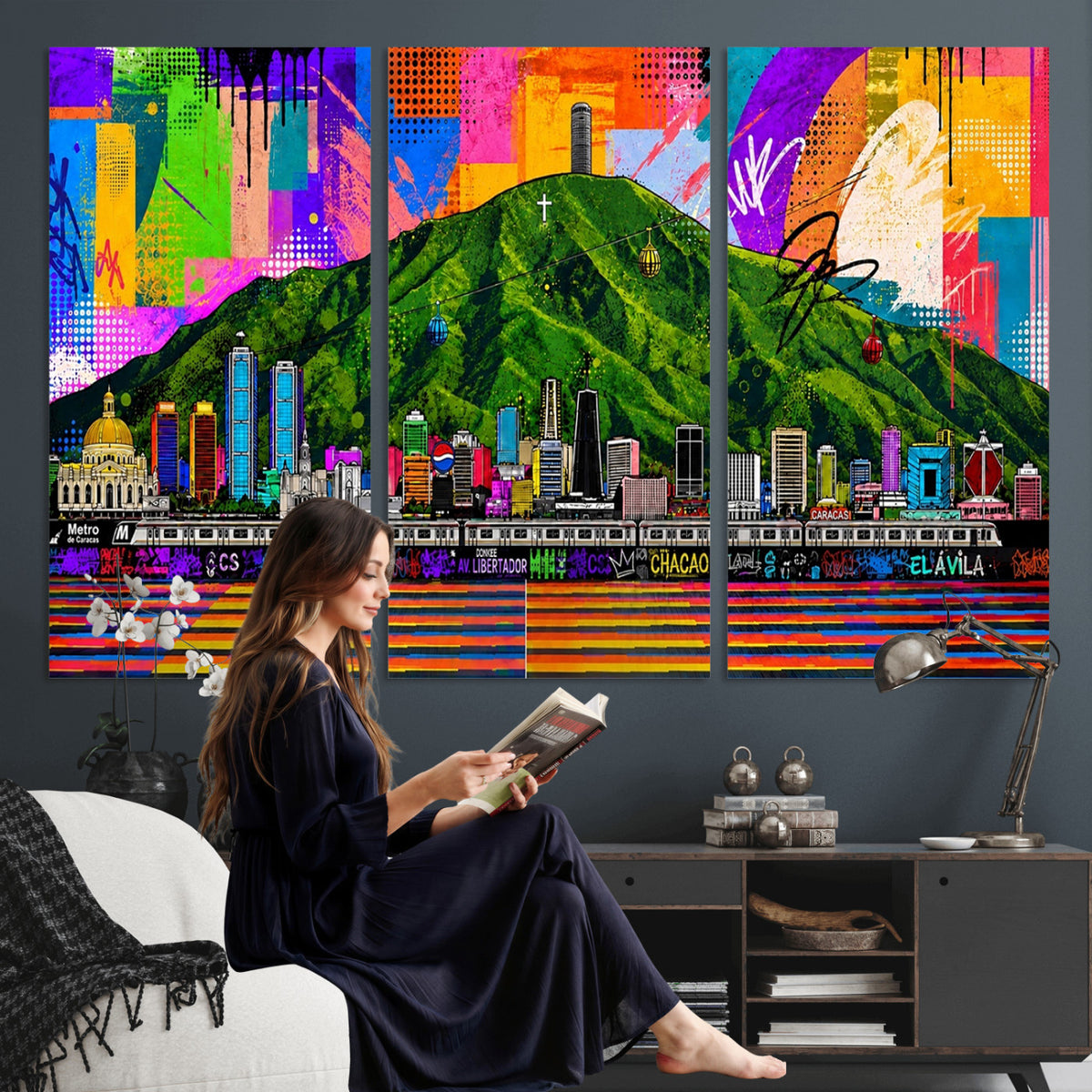 86696255-MGV-CV-36X24 - Mount Ávila, Caracas, Venezuela Wall Art Print by Artist Yorlette - Graffiti Caracas Skyline Canvas Art, Colorful Street Artwork - Venezuela El Avila Poster Print