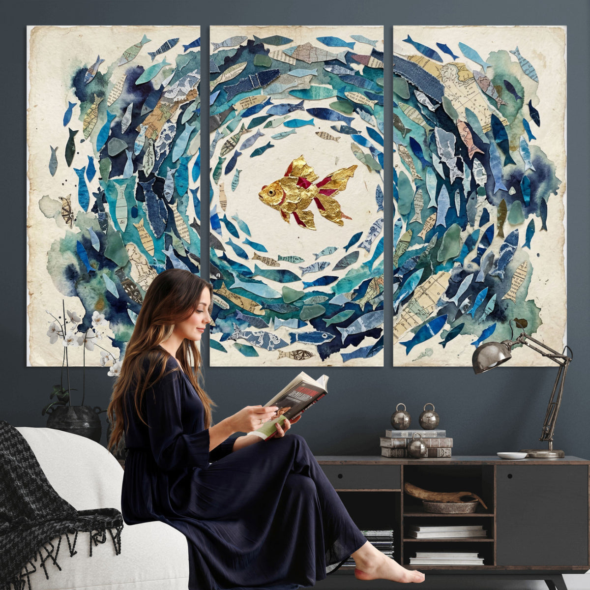 73165663-MGV-CV-36X24 - Mixed Media Blue Fish Swirl Canvas Wall Art, Goldfish Collage Ocean Print