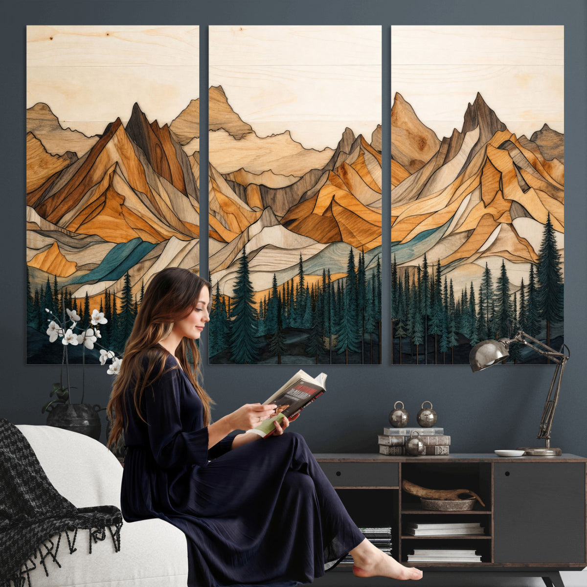 57384313-MGV-CV-48X32-3P - Mountain Landscape Canvas Wall Art with Wood Grain Effect, Golden Peaks and Teal Pine Forest, Framed Cabin Decor