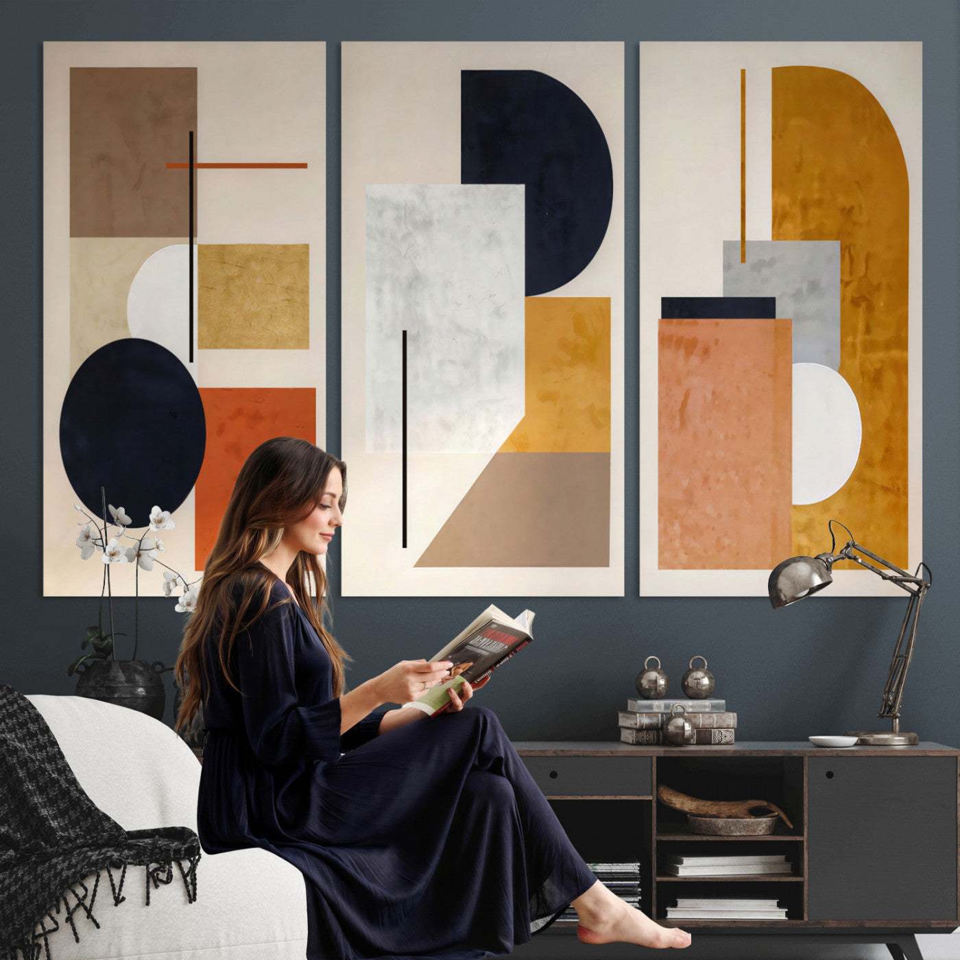 87361249-MGV-CV-48X32-3P - Mid Century Modern Geometric Canvas Wall Art, Abstract Triptych Print