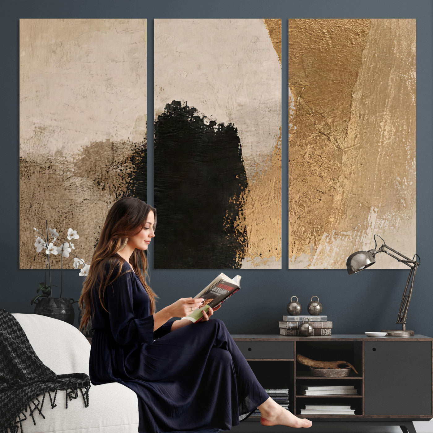 36003778-MGV-CV-48X32-3P - Mid Century Modern Geometric Canvas Wall Art, Abstract Triptych Print
