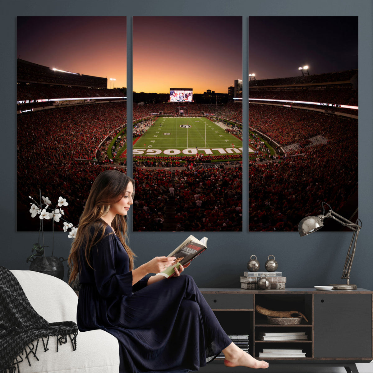 97720998-_Poster-30x20 - Georgia Bulldogs Stadium Sunset Canvas Print 3 Piece Framed Wall Art Extra Large Floating Frame Sports Poster Made in USA
