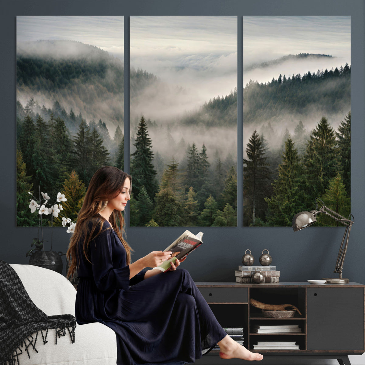 38409495-_Poster-30x20 - Misty Pine Valley Mountain Canvas Print 3 Piece Framed Wall Art Extra Large Floating Frame Nature Poster Made in USA
