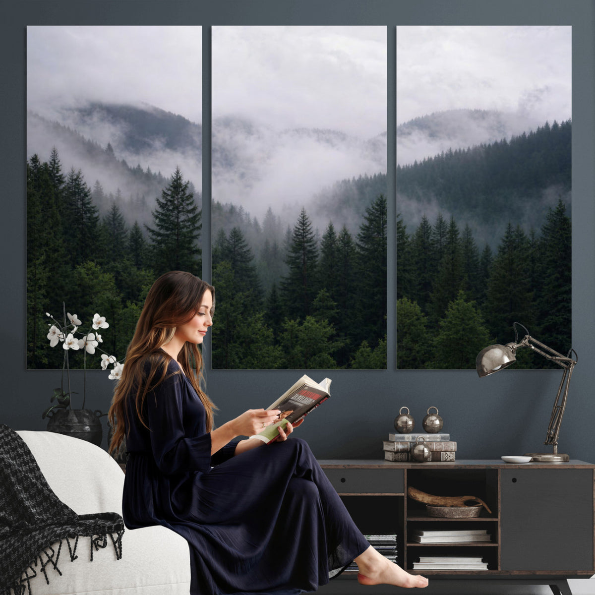 25432119-_Poster-30x20 - Misty Mountain Pine Forest Canvas Print 3 Piece Framed Wall Art Extra Large Floating Frame Nature Poster Made in USA