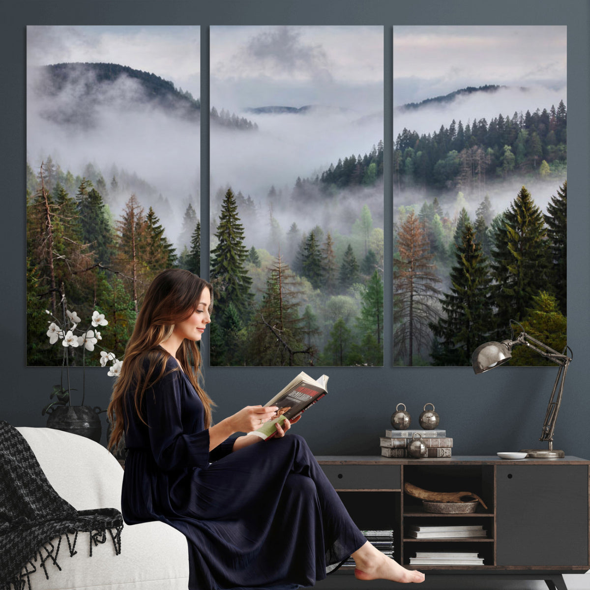 18735847-_Poster-30x20 - Foggy Pine Forest Mountain Canvas Print 3 Piece Framed Wall Art Extra Large Floating Frame Nature Poster Made in USA