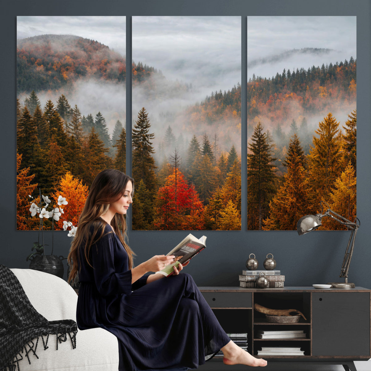 87481341-_Poster-30x20 - Foggy Autumn Mountain Canvas Print Smoky Pine Forest Wall Art Panoramic Nature Poster 3 Piece Made in USA