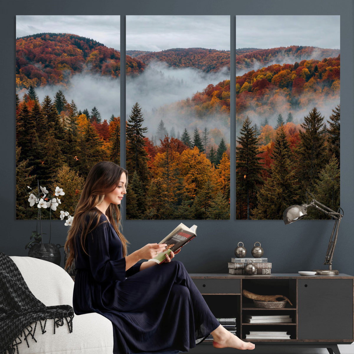26686263-_Poster-30x20 - Misty Autumn Forest Mountain Canvas Print 3 Panel Wall Art Gallery Wrapped Floating Frame Poster Made in USA