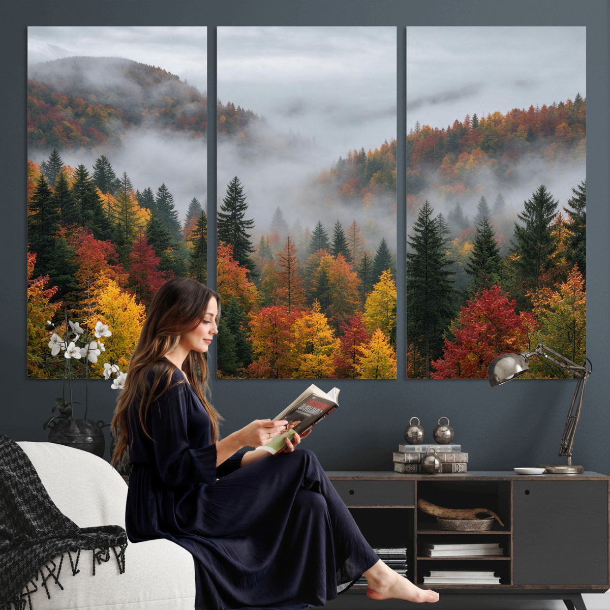 47877083-_Poster-30x20 - Fall Forest Misty Mountain Canvas Print Smoky Mountain Landscape Wall Art Autumn Trees Nature Poster Printing