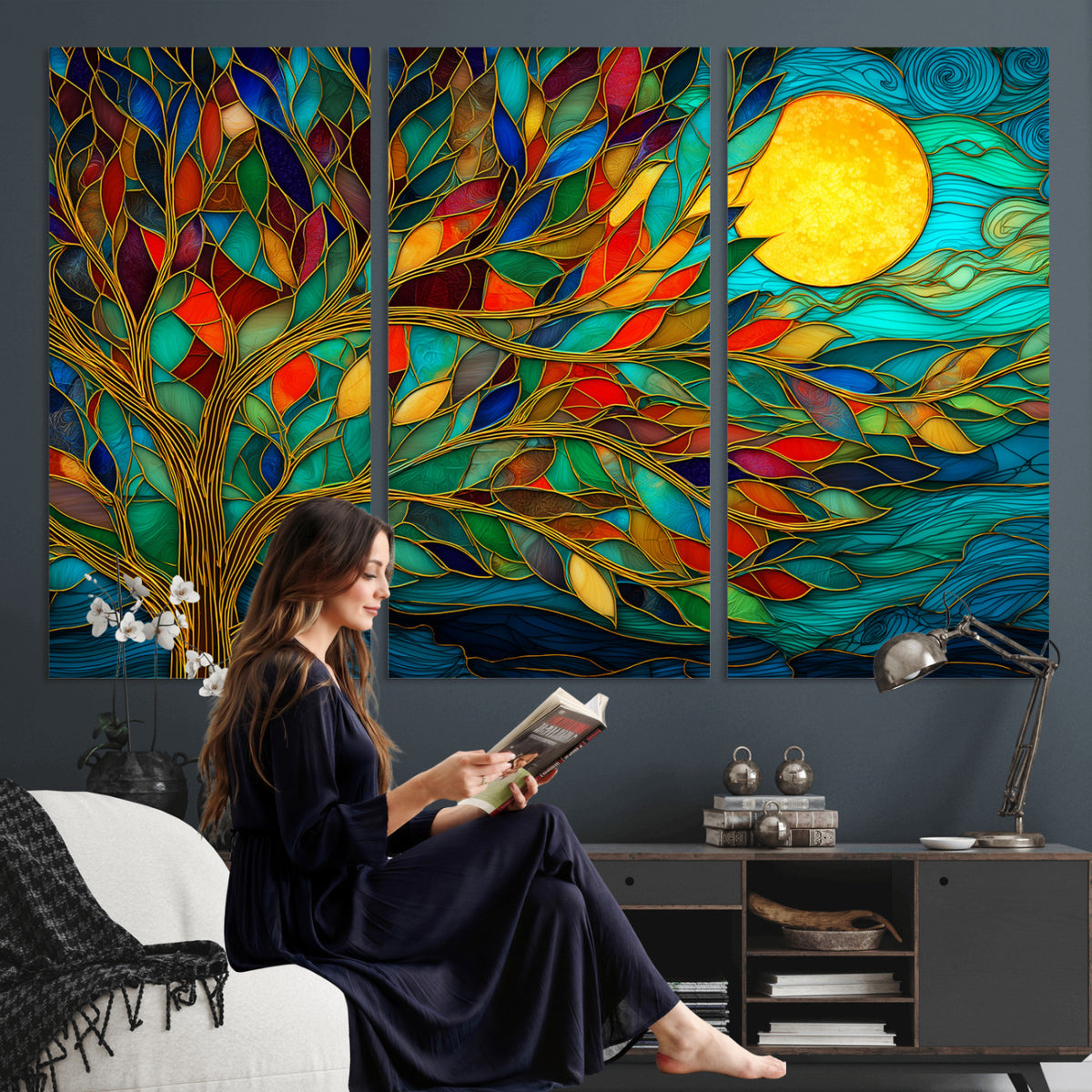 11877152-MGV-CV-36X24 - Stained Glass Tree Of Life Wall Art - Vibrant Mosaic Nature Home Decor