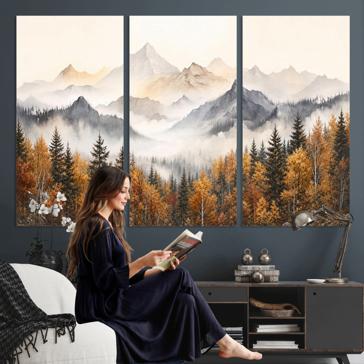 19544118-MGV-TP-30X20 - Misty Mountain Autumn Forest Canvas Wall Art - Watercolor Fall Nature Landscape Print
