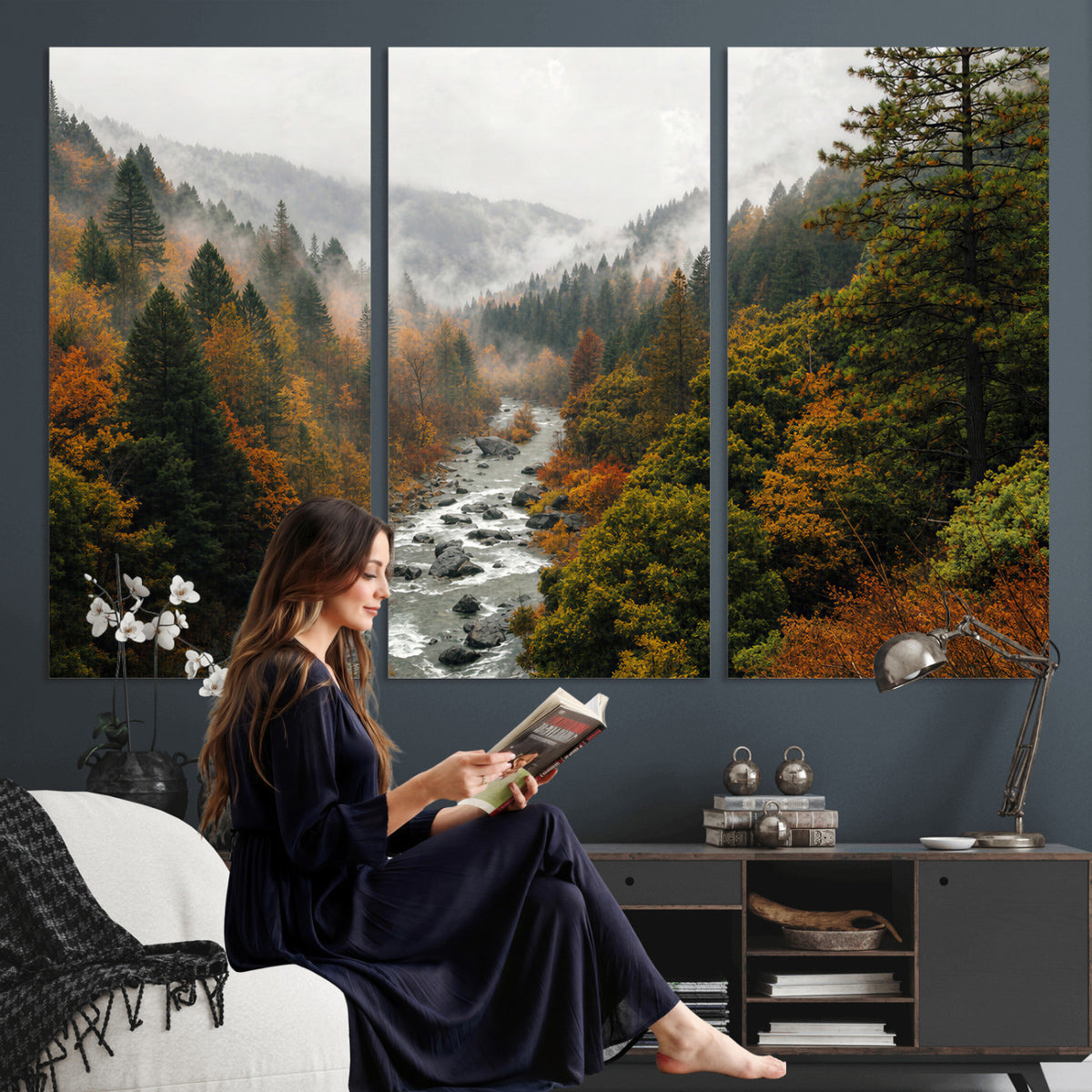 95540697-MGV-TP-30X20 - Misty River Mountain Valley Canvas Wall Art - Autumn Forest Landscape Nature Print
