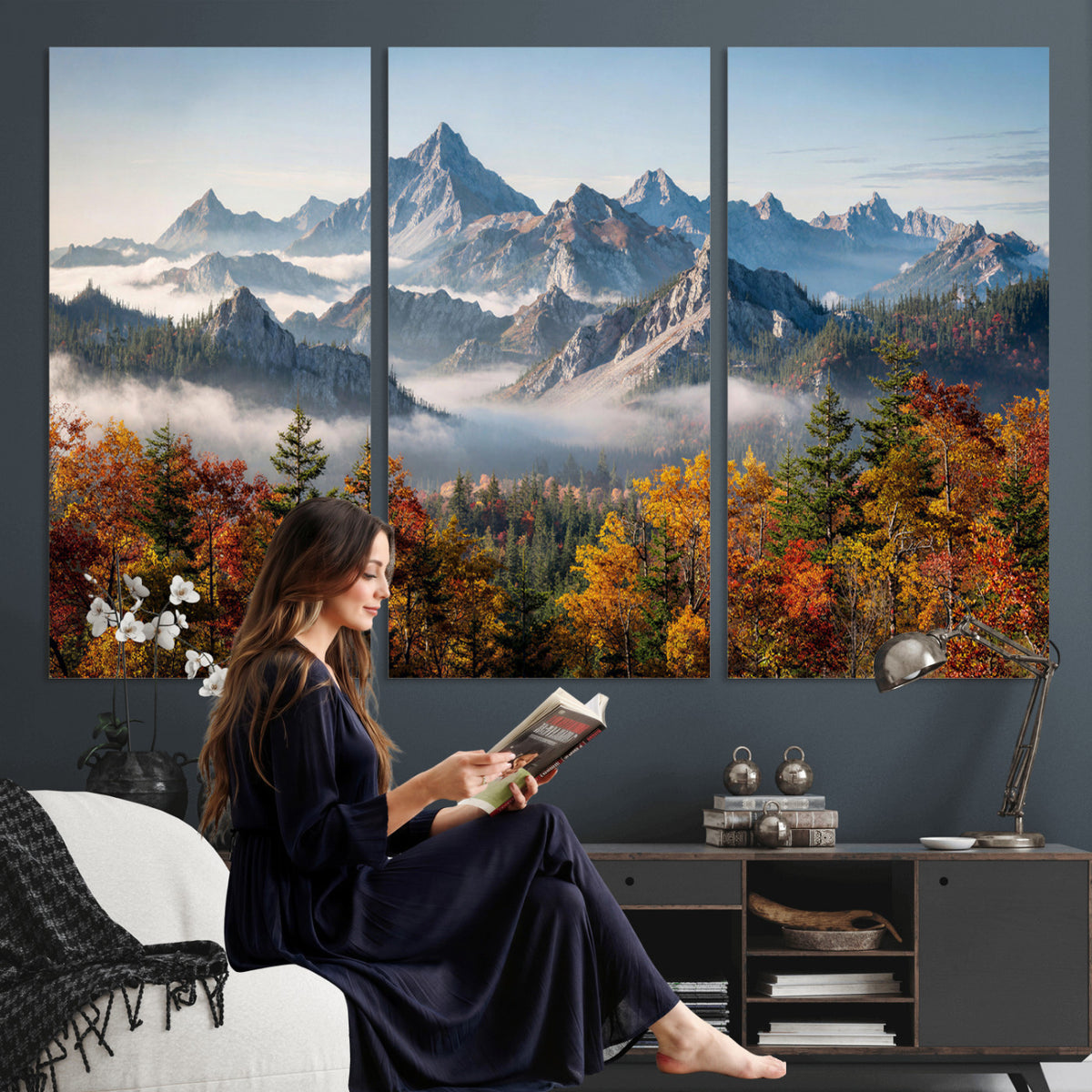 38847944-MGV-TP-30X20 - Majestic Mountain Peak Canvas Wall Art - Panoramic Autumn Forest Fog Landscape Print