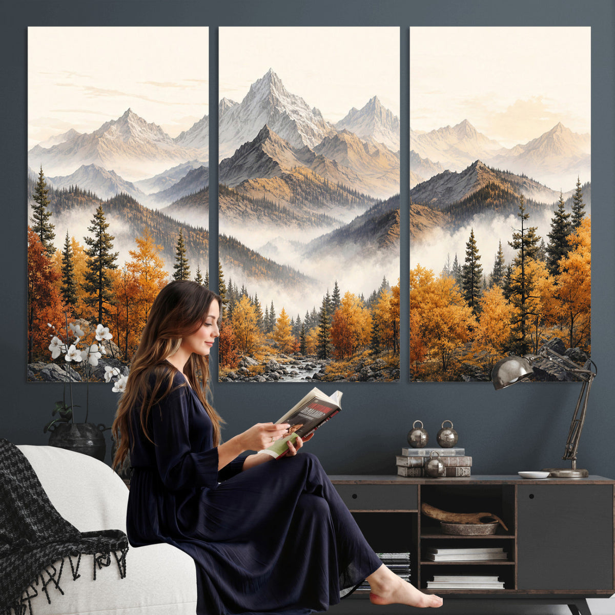 21309099-MGV-TP-30X20 - Extra Large Misty Mountain Autumn Forest Canvas Wall Art - Watercolor Fall Nature Landscape Print