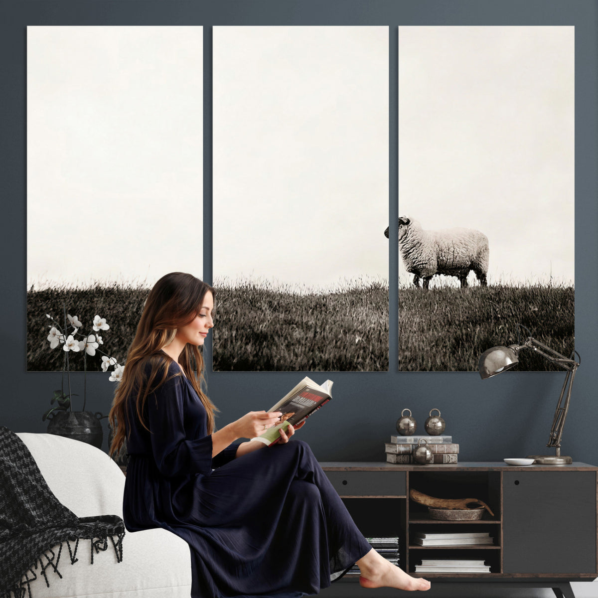 72749448-MGV-TP-30X20 - Minimalist Sepia Sheep Canvas Wall Art - Rustic Farmhouse Country Landscape Print
