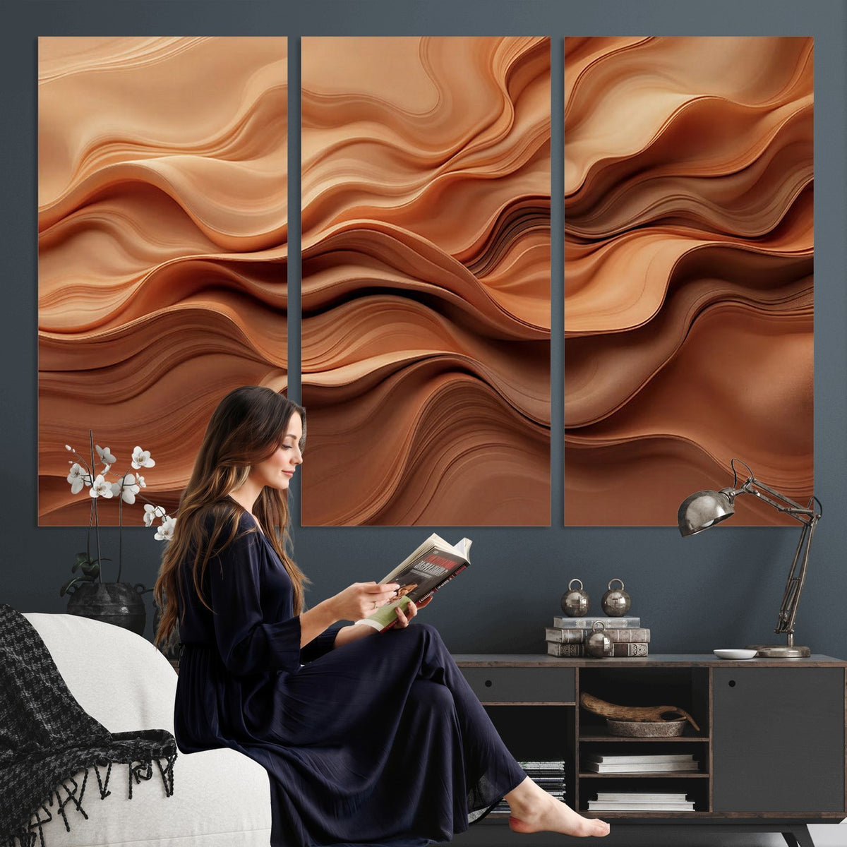 82230697-_Poster-30x20 - Modern Abstract Fluid Waves Canvas Wall Art - Minimalist Warm Terracotta Beige Sand Print